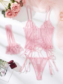 SHEIN 浪漫蕾絲女款性感內衣套裝 3 件組 - 粉色 - 查看 2