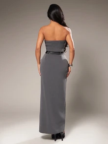 Radiana Women's Elegant Ruched Slit Dress, Strapless Design, Suitable For Dates And Parties, Spring/Summer Chic Gown For Prom Night - Grey - View 5