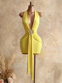 Mistrie Women's Yellow Metal Decor Tie-Up Neck Halter Mini Dress,Elegant Summer Solid Color Club Club Night Night Party,Techno Rave Special Occasion Dresses - Yellow - View 5