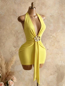 Mistrie Women's Yellow Metal Decor Tie-Up Neck Halter Mini Dress,Elegant Summer Solid Color Club Club Night Night Party,Techno Rave Special Occasion Dresses - Yellow - View 7