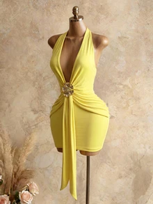 Mistrie Women's Yellow Metal Decor Tie-Up Neck Halter Mini Dress,Elegant Summer Solid Color Club Club Night Night Party,Techno Rave Special Occasion Dresses - Yellow - View 6