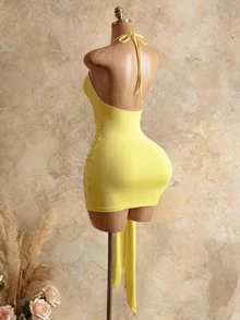 Mistrie Women's Yellow Metal Decor Tie-Up Neck Halter Mini Dress,Elegant Summer Solid Color Club Club Night Night Party,Techno Rave Special Occasion Dresses - Yellow - View 4