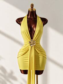 Mistrie Women's Yellow Metal Decor Tie-Up Neck Halter Mini Dress,Elegant Summer Solid Color Club Club Night Night Party,Techno Rave Special Occasion Dresses - Yellow - View 1