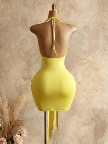 Mistrie Women's Yellow Metal Decor Tie-Up Neck Halter Mini Dress,Elegant Summer Solid Color Club Club Night Night Party,Techno Rave Special Occasion Dresses - Yellow - View 8