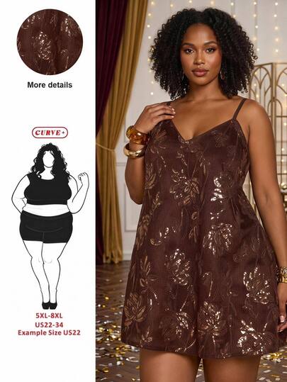 SHEIN CURVE+ Vestido mini de tirantes con lentejuelas marrón nuevo para otoño/invierno talla grande 22W, adecuado para fiestas de vacaciones, Halloween, Navidad