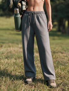 SHEIN Women's Drawstring Waist Straight Leg Loose Fit Sports Outdoor Sweatpants - Dark Grey - View 8