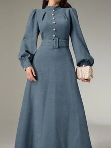 Heiryn Women's Stand Collar Button Design Lantern Sleeve Elegant Long Dress - Dusty Blue - View 7