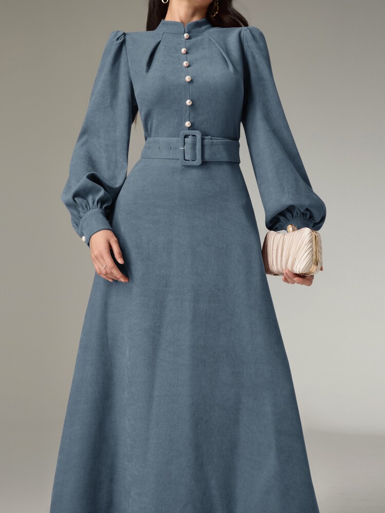 Heiryn Women's Stand Collar Button Design Lantern Sleeve Elegant Long Dress - Dusty Blue - View 7