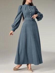 Heiryn Women's Stand Collar Button Design Lantern Sleeve Elegant Long Dress - Dusty Blue - View 6