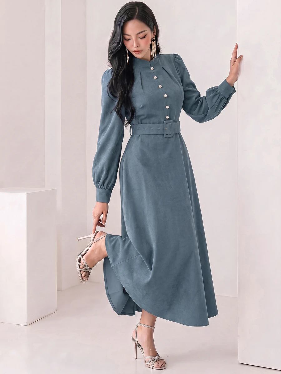 Heiryn Women's Stand Collar Button Design Lantern Sleeve Elegant Long Dress - Dusty Blue - View 1