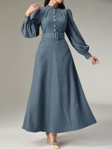 Heiryn Women's Stand Collar Button Design Lantern Sleeve Elegant Long Dress - Dusty Blue - View 8