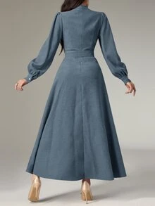 Heiryn Women's Stand Collar Button Design Lantern Sleeve Elegant Long Dress - Dusty Blue - View 4