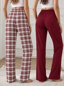 SHEIN 2PCS Women Sleep Bottoms - Burgundy - View 2