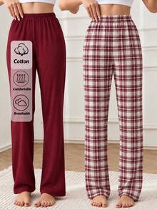 SHEIN 2PCS Women Sleep Bottoms - Burgundy - View 1
