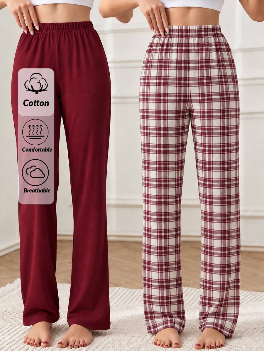 SHEIN 2PCS Women Sleep Bottoms - Burgundy - View 1