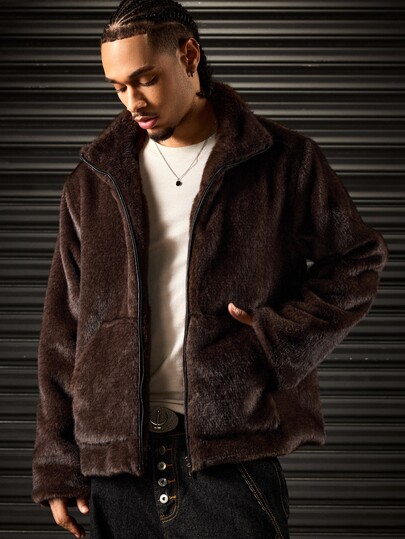 ROMWE MEN Men's Coffee Faux Fur Zipper Stand Collar Jacket