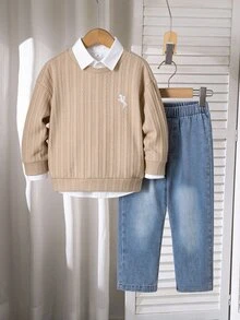 SHEIN 2pcs Boys Outfit Spring/Autumn Fashion Simple Knit Jacquard Crew Neck Long Sleeve Pullover Sweatshirt And Denim Pants Casual Set - Multicolor - View 1
