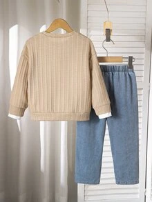 SHEIN 2pcs Boys Outfit Spring/Autumn Fashion Simple Knit Jacquard Crew Neck Long Sleeve Pullover Sweatshirt And Denim Pants Casual Set - Multicolor - View 2