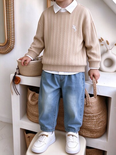 SHEIN 2pcs Boys Outfit Spring/Autumn Fashion Simple Knit Jacquard Crew Neck Long Sleeve Pullover Sweatshirt And Denim Pants Casual Set Suitable For Daily Outings, School, Park, Family Gatherings, Dining And Light Formal Casual Occasions