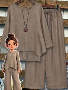 Linhara Plus Size Women 2-Piece Set Linen Asymmetric Hem Crew Neck 3/4 Sleeve Top And Loose Long Wide Leg Pants, Suitable For Casual Daily Wear Fall - Khaki - View 1