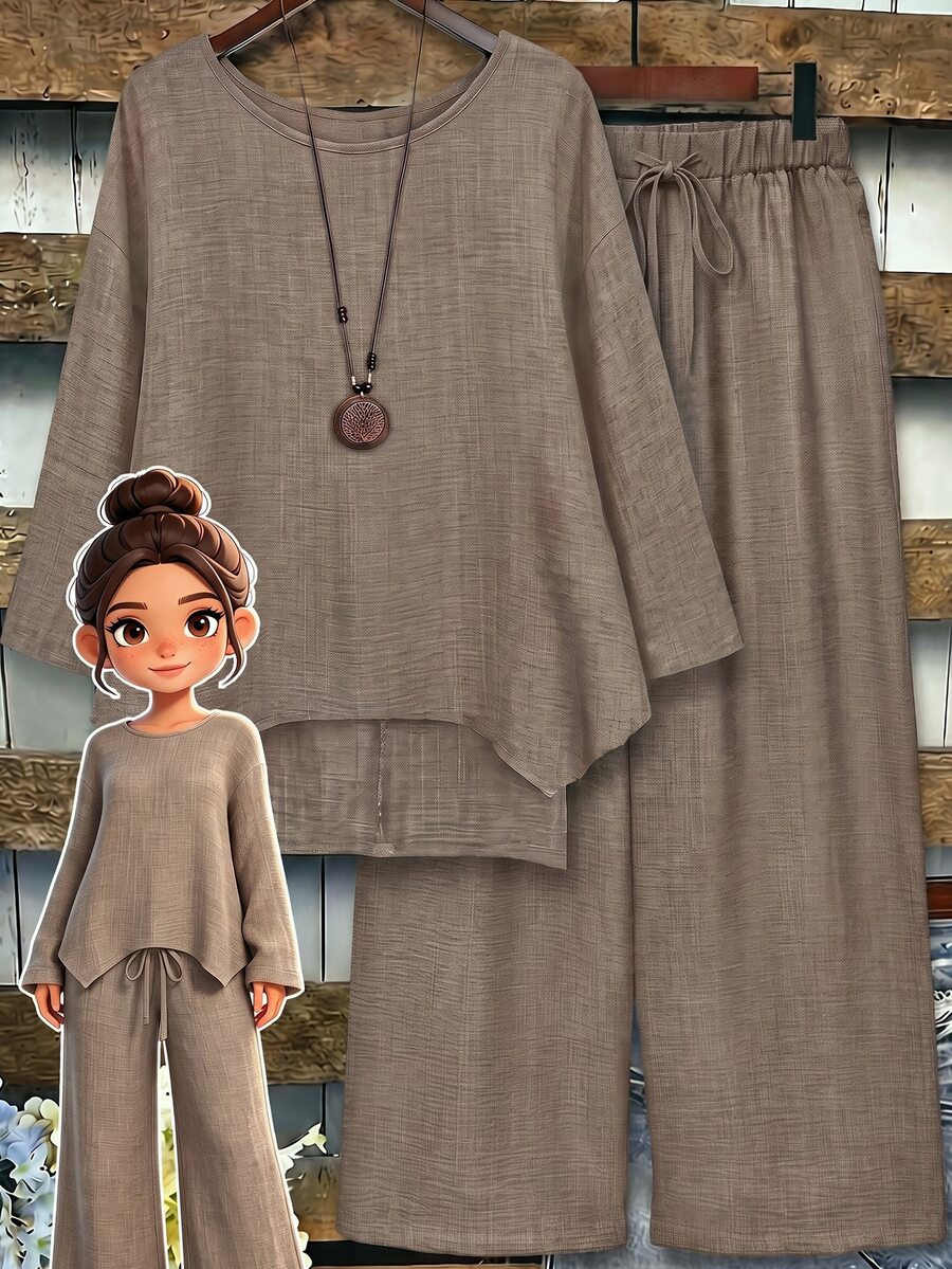 Linhara Plus Size Women 2-Piece Set Linen Asymmetric Hem Crew Neck 3/4 Sleeve Top And Loose Long Wide Leg Pants, Suitable For Casual Daily Wear Fall - Khaki - View 1