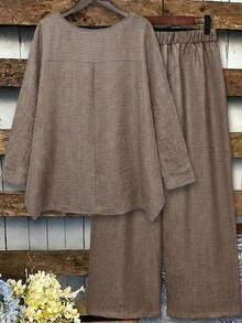 Linhara Plus Size Women 2-Piece Set Linen Asymmetric Hem Crew Neck 3/4 Sleeve Top And Loose Long Wide Leg Pants, Suitable For Casual Daily Wear Fall - Khaki - View 2