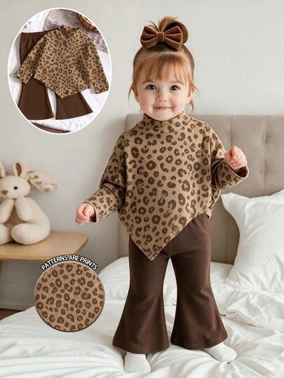 Baby Girls 2 Pieces Set Sweet Fashion Leopard Print Mock Neck Long Sleeve Asymmetrical Hem Top And Flared Pants Set, Soft Fabric, Suitable For Christmas Outings, Autumn/Winter