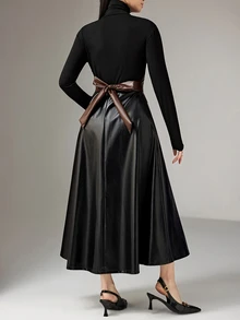 Heiryn Women's Fashionable High Neck Mid-Length Dress For Commuting - Black - View 4