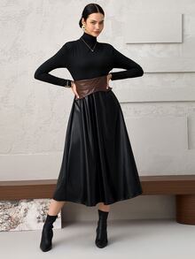 Heiryn Women's Fashionable High Neck Mid-Length Dress For Commuting - Black - View 9