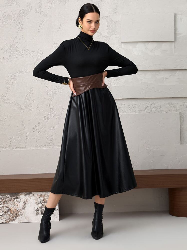 Heiryn Women's Fashionable High Neck Mid-Length Dress For Commuting - Black - View 9