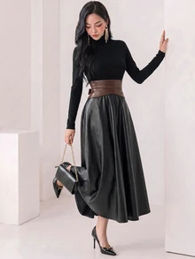 Heiryn Women's Fashionable High Neck Mid-Length Dress For Commuting - Black - View 2