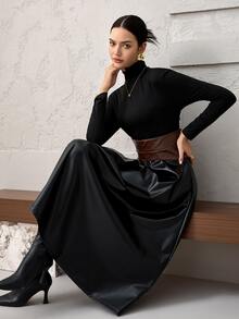 Heiryn Women's Fashionable High Neck Mid-Length Dress For Commuting - Black - View 1