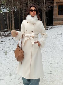 SHEIN EZwear 秋季/老錢風紋理毛絨休閒法式優雅大衣，適合聖誕新年、日夜外出、日常與旅行，米白色 - 杏色 - 查看 5