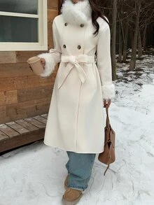 SHEIN EZwear 秋季/老錢風紋理毛絨休閒法式優雅大衣，適合聖誕新年、日夜外出、日常與旅行，米白色 - 杏色 - 查看 4