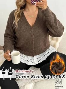 SHEIN CURVE+ Plus Size Women's Colorblock Casual Daily Cardigan - Brown - View 1