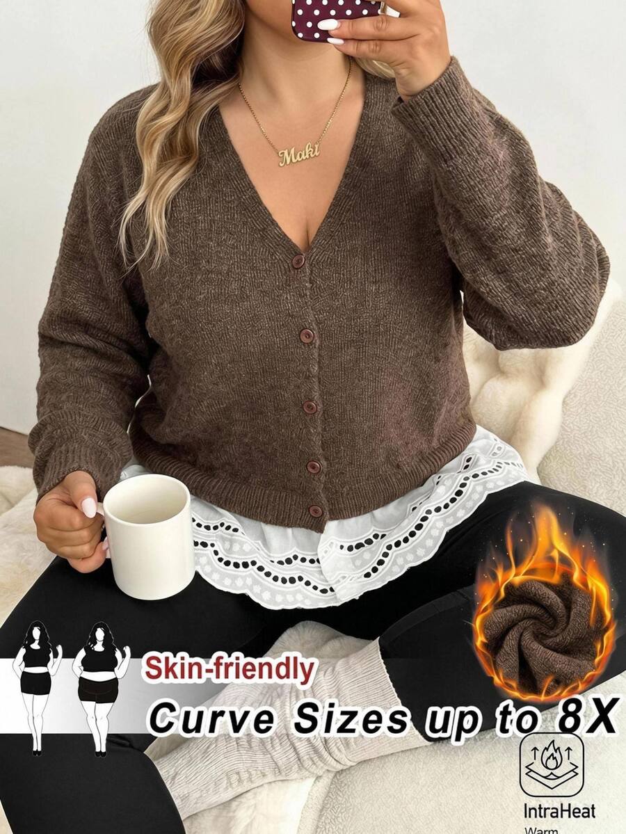 SHEIN CURVE+ Plus Size Women's Colorblock Casual Daily Cardigan - Brown - View 1