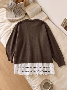 SHEIN CURVE+ Plus Size Women's Colorblock Casual Daily Cardigan - Brown - View 4