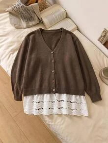 SHEIN CURVE+ Plus Size Women's Colorblock Casual Daily Cardigan - Brown - View 3