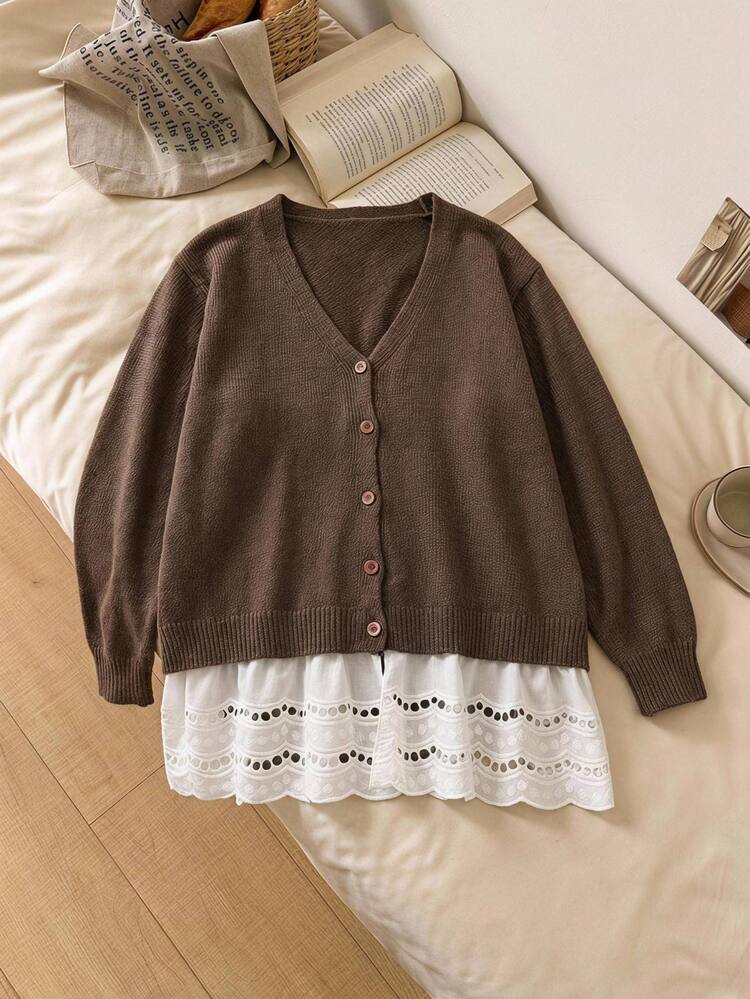 SHEIN CURVE+ Cardigan Kasual Harian Wanita Ukuran Plus dengan Motif Blok Warna - Coklat - View 3