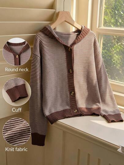 SHEIN 1pc Girls' Cardigan Sweater, Korean-Style Gentle Casual Classic Brown & Apricot Contrast Horizontal Striped Hooded V-Neck Drop Shoulder Long Sleeve Knit Jacket, Regular Thickness, Neat Hem, Tight Cuffs, Bright Colors, Fashionable & Versatile, Suitable For Daily Wear, Outings, School And Other Occasions, Autumn/Winter Outfit