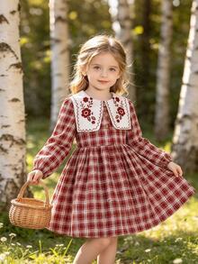 SHEIN Elladie kids Young Girls Fall Style Large Lapel Burgundy Plaid Dress 7th Birthday Mommy And Me Fairy Thanksgiving Long Sleeve Baby Shower Princess Gift - Burgundy - View 5