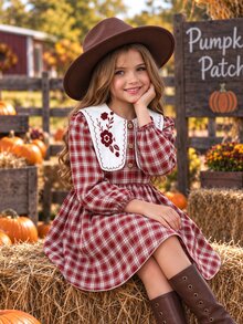 SHEIN Elladie kids Young Girls Fall Style Large Lapel Burgundy Plaid Dress 7th Birthday Mommy And Me Fairy Thanksgiving Long Sleeve Baby Shower Princess Gift - Burgundy - View 7