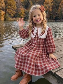 SHEIN Elladie kids Young Girls Fall Style Large Lapel Burgundy Plaid Dress 7th Birthday Mommy And Me Fairy Thanksgiving Long Sleeve Baby Shower Princess Gift - Burgundy - View 3