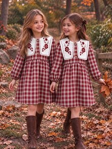 SHEIN Elladie kids Young Girls Fall Style Large Lapel Burgundy Plaid Dress 7th Birthday Mommy And Me Fairy Thanksgiving Long Sleeve Baby Shower Princess Gift - Burgundy - View 4