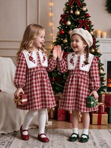 SHEIN Elladie kids Young Girls Fall Style Large Lapel Burgundy Plaid Dress 7th Birthday Mommy And Me Fairy Thanksgiving Long Sleeve Baby Shower Princess Gift - Burgundy - View 9