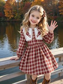 SHEIN Elladie kids Young Girls Fall Style Large Lapel Burgundy Plaid Dress 7th Birthday Mommy And Me Fairy Thanksgiving Long Sleeve Baby Shower Princess Gift - Burgundy - View 1