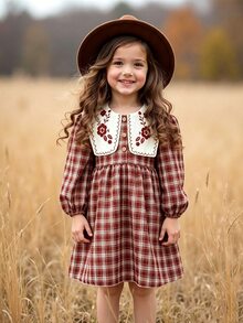SHEIN Elladie kids Young Girls Fall Style Large Lapel Burgundy Plaid Dress 7th Birthday Mommy And Me Fairy Thanksgiving Long Sleeve Baby Shower Princess Gift - Burgundy - View 11