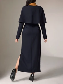 Heiryn Women Elegant Color Blocking Cape Shirt With Extended Hem Skirt 2pcs Set 2 Pieces Set - Blue - View 5