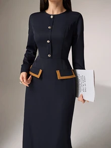 Heiryn Women Elegant Color Blocking Cape Shirt With Extended Hem Skirt 2pcs Set 2 Pieces Set - Blue - View 6