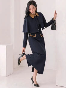 Heiryn Women Elegant Color Blocking Cape Shirt With Extended Hem Skirt 2pcs Set 2 Pieces Set - Blue - View 3